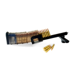 TacticPower Universal Rifle Magazine Loader in use – loading rounds from ammo tray into transparent rifle magazine