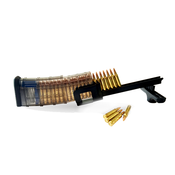 TacticPower Universal Rifle Magazine Loader in use – loading rounds from ammo tray into transparent rifle magazine