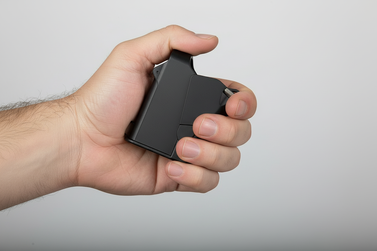 Hand holding TacticPower universal pistol magazine loader in black